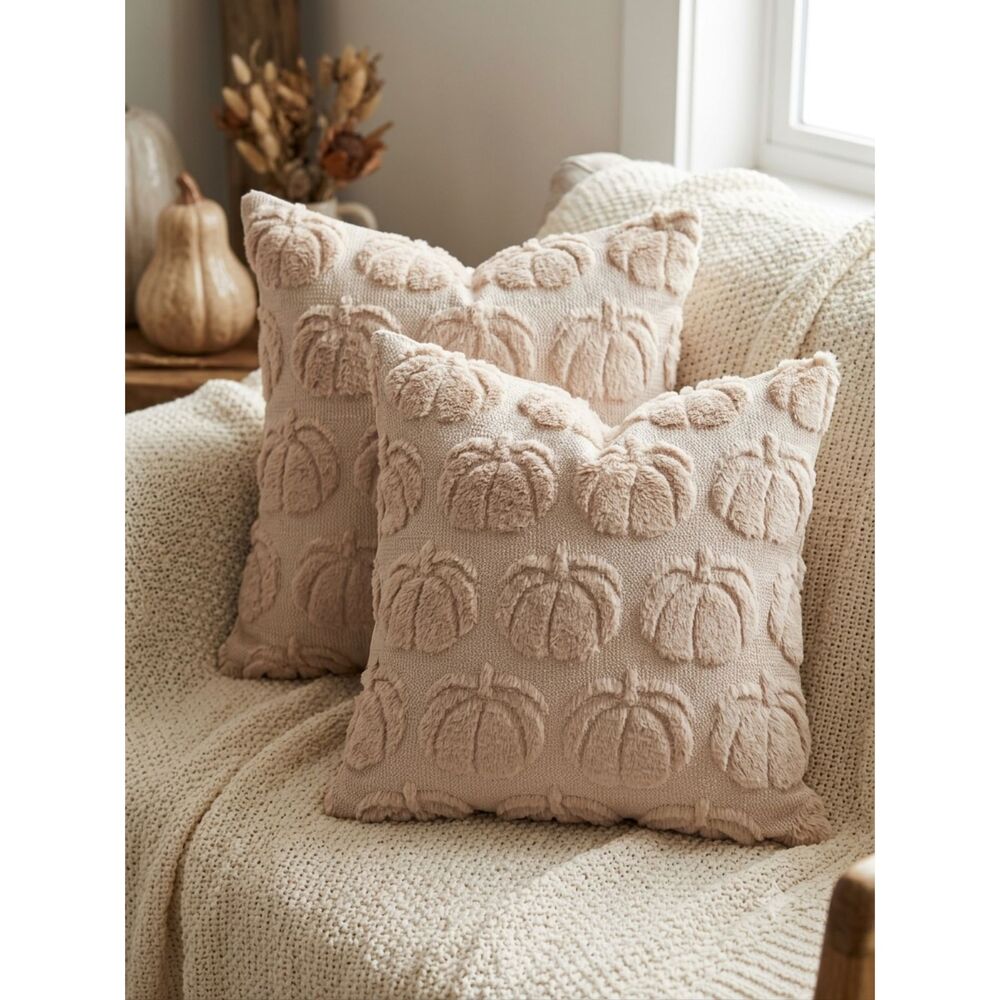 🎃 Fall Cottagecore Blush Faux Fur Pumpkin Throw Pillow Covers Set 2 18x18